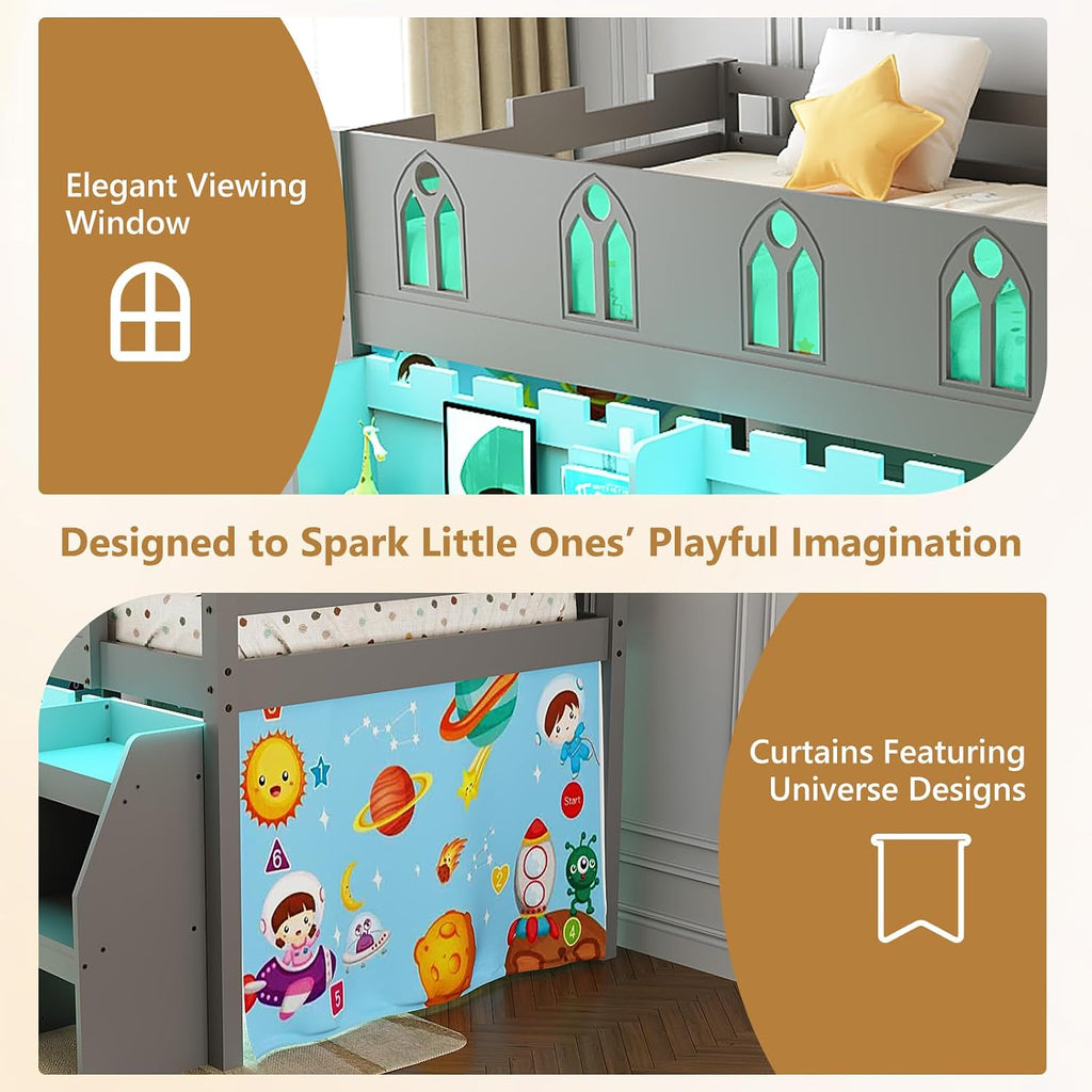 JOYMOR Low Loft Bed with LED Lights, Twin Loft Bed with Stairs, Safety Guardrail, Curtain, Wooden Bed Frame for Kids with Storage Bookcase and Under-Bed Play Space (Gray)