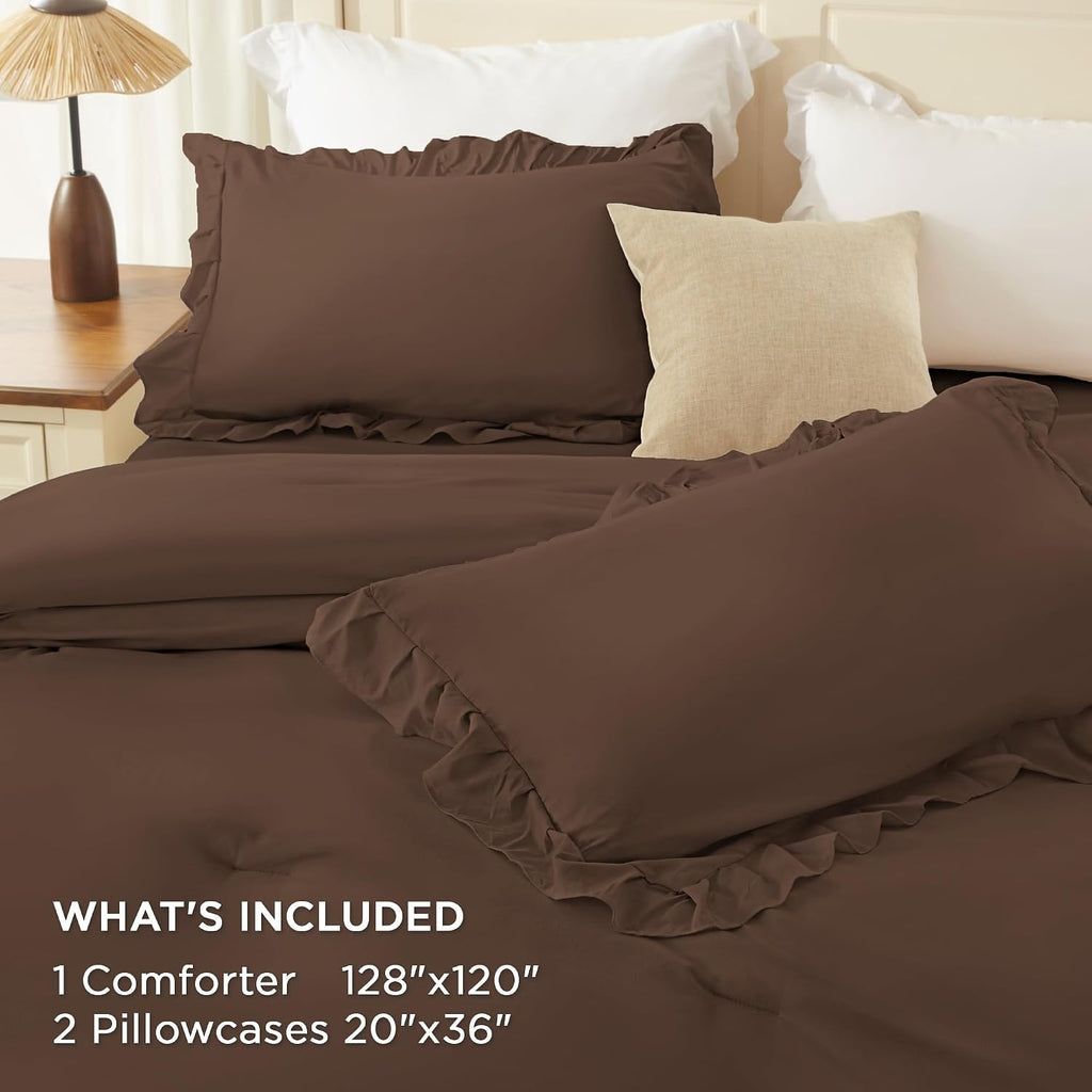 Andency Brown Super King Plus Comforter Set (128x120Inch), 3 Pieces Ruffle Comforter Set with 2 Pillowcases, Farmhouse Shabby Chic Lightweight Fluffy Soft Polyester All Season Bed Set