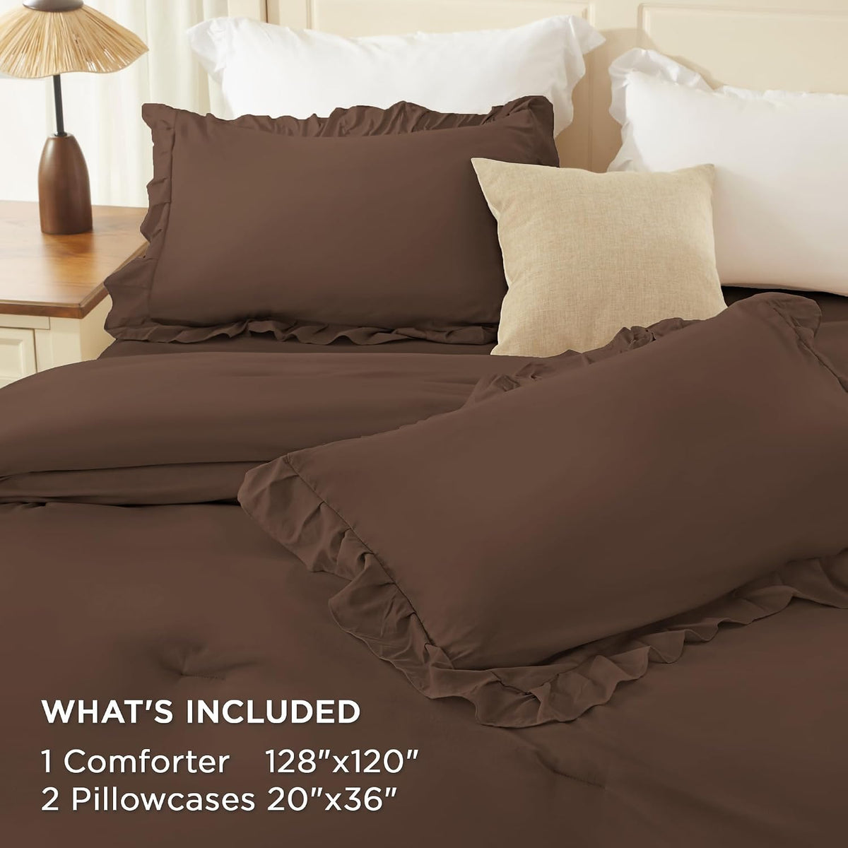 Andency Brown Super King Plus Comforter Set (128x120Inch), 3 Pieces Ruffle Comforter Set with 2 Pillowcases, Farmhouse Shabby Chic Lightweight Fluffy Soft Polyester All Season Bed Set