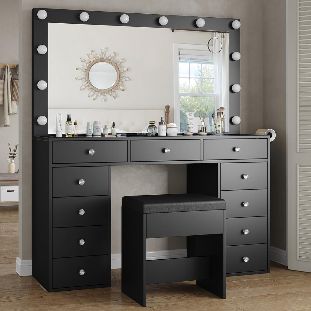 Yanosaku Vanity Desk & Power Outl, Makeup Table with Mirror and 12 LED Lights, Makeup Table with 11 Drawers, 3 Lighting Modes Brightness Adjustable(Black)