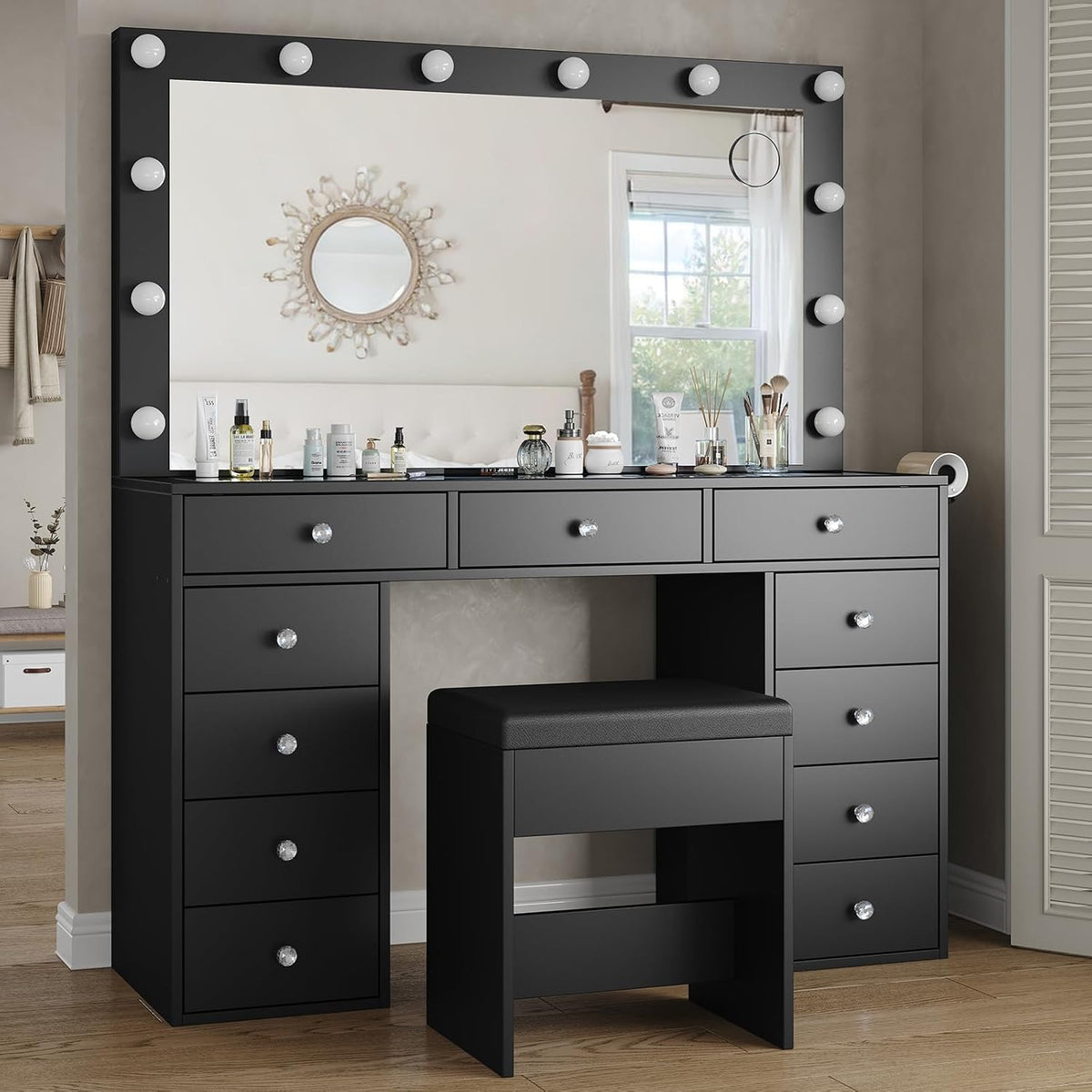 Yanosaku Vanity Desk & Power Outl, Makeup Table with Mirror and 12 LED Lights, Makeup Table with 11 Drawers, 3 Lighting Modes Brightness Adjustable(Black)