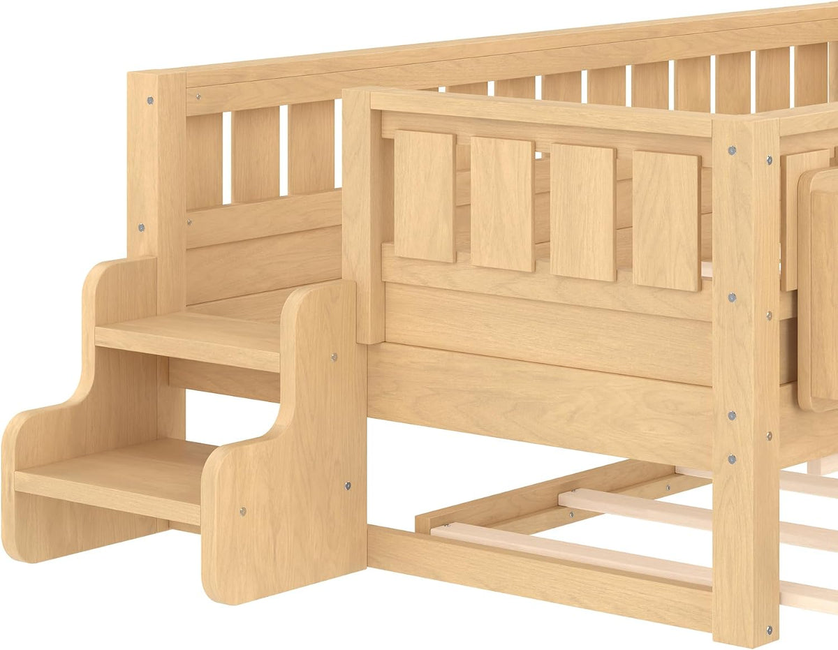 Bellemave Twin Bed with Trundle Twin and Stairs, Twin Size Platform Bed Frame with Fence and Bookshelf, Easy Assemble Beds for Kids, Girls, Boys, Light Natural