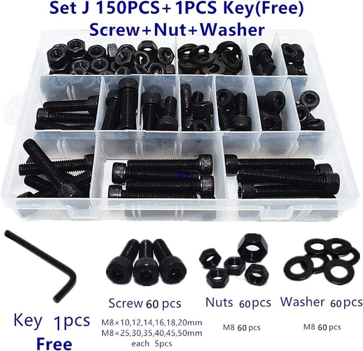 Youngran New M1.4 M1.6 M2 M2.5 M3 M4 M5 Various Lengths Carbon Steel Hexagon Hex Socket Cap Head Screw Bolt Nut Washer Set Assortment Kit Leisurely (Color : J)