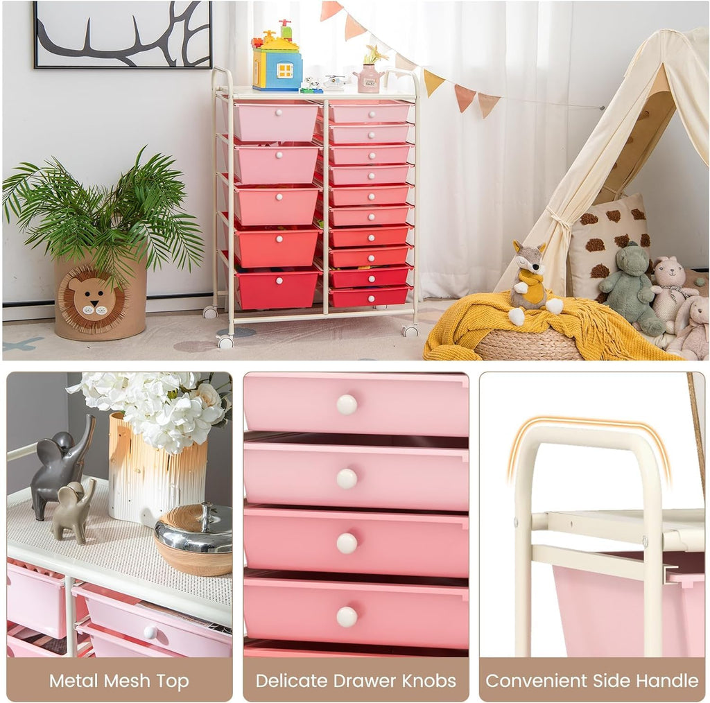 LUARANE Rolling Cart with 15 Drawers, Craft Storage Cart with Portable Handles & Lockable Wheels, Mobile Toys Organizer, Large Capacity Utility Drawer Cart Home Office School Teacher (Gradient Pink)