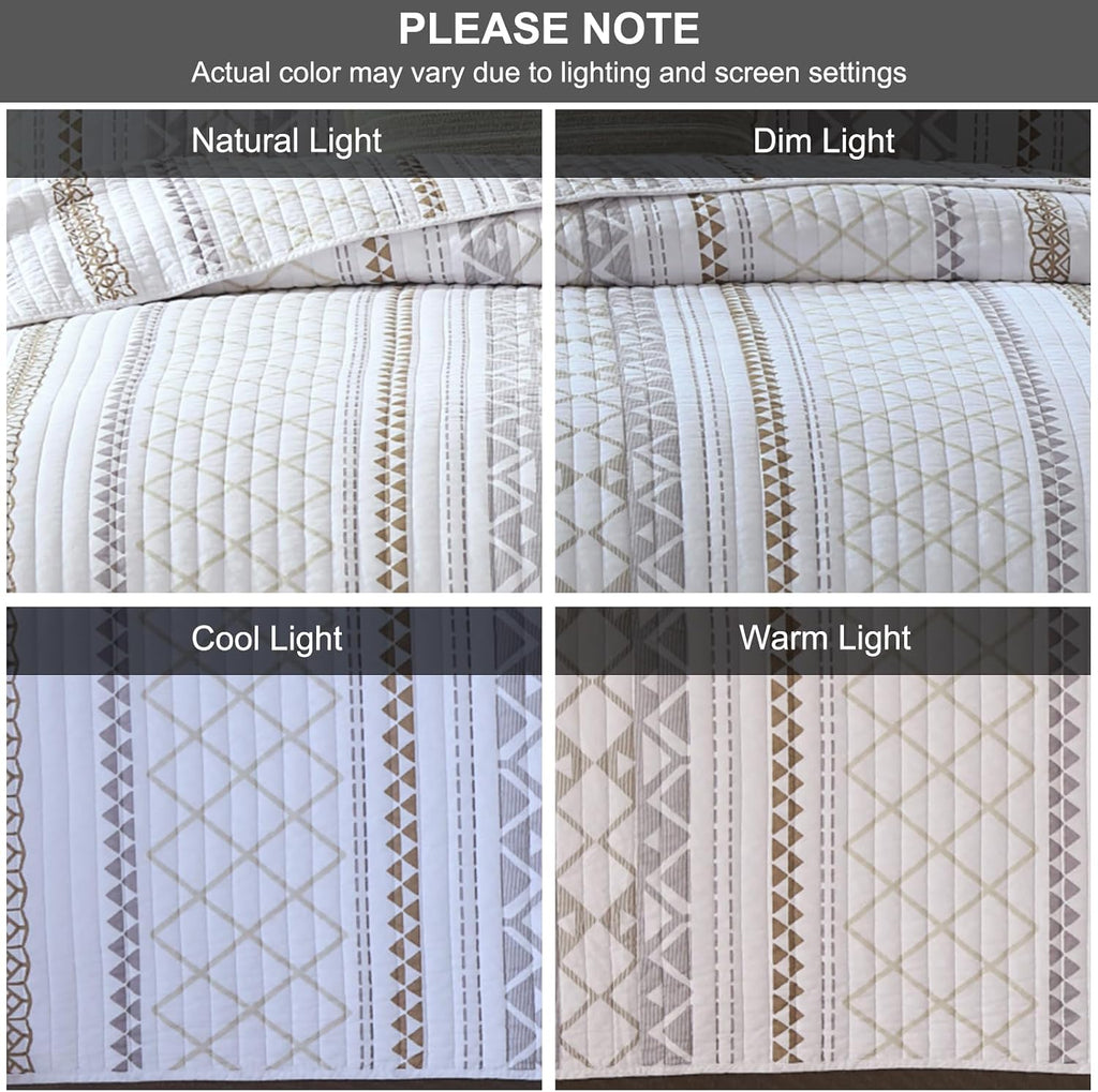 Quilt King Size, 100% Cotton King Quilt Bedding Set, Reversible Boho Striped King Bedspreads Lightweight Comforter Bed Spread King Size for All Season, 3 Pieces, White/Brown/Grey