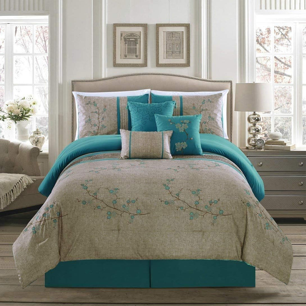 Chezmoi Collection Noriko Luxury 7-Piece Teal Cherry Blossoms Floral Embroidery Bedding Comforter Set, King