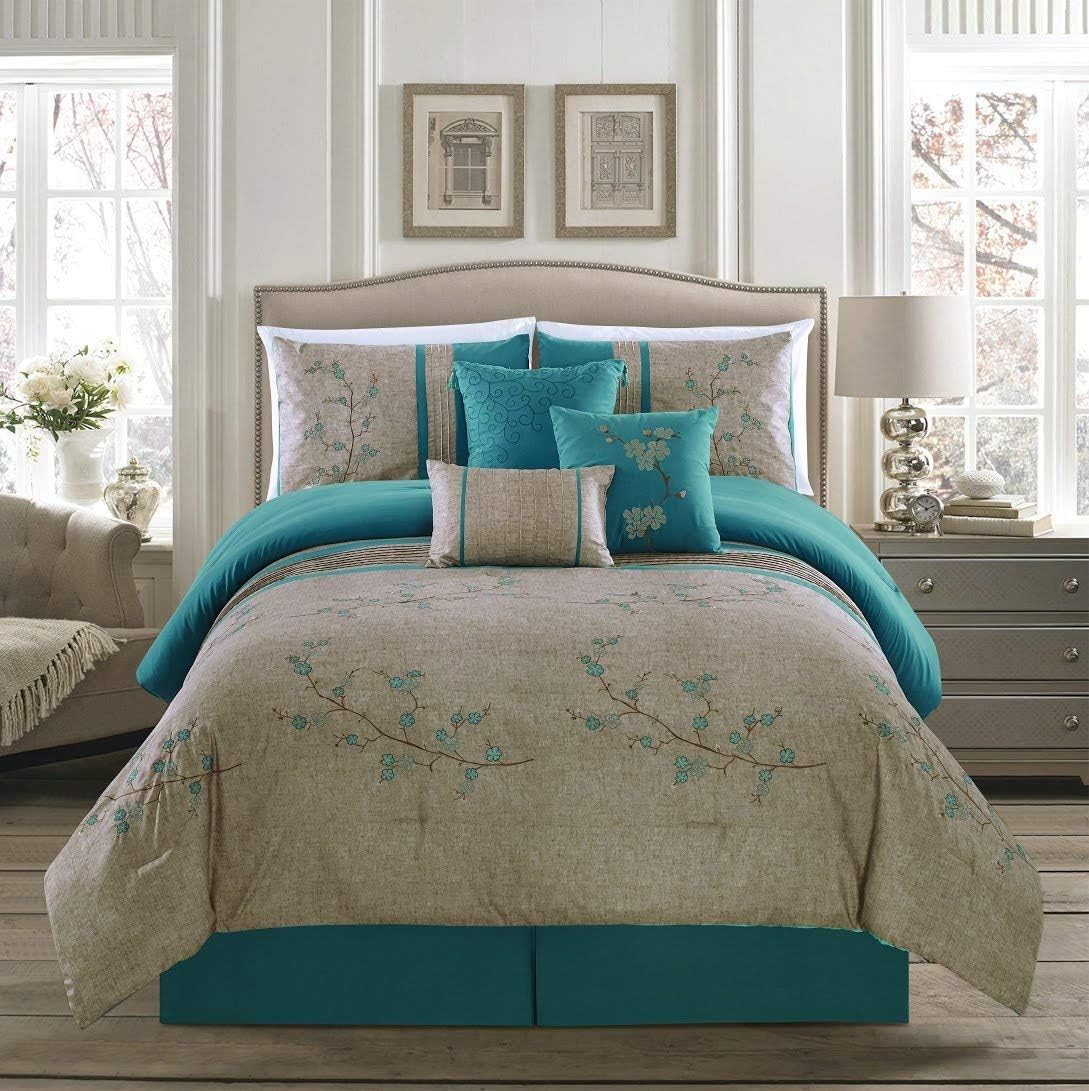 Chezmoi Collection Noriko Luxury 7-Piece Teal Cherry Blossoms Floral Embroidery Bedding Comforter Set, King