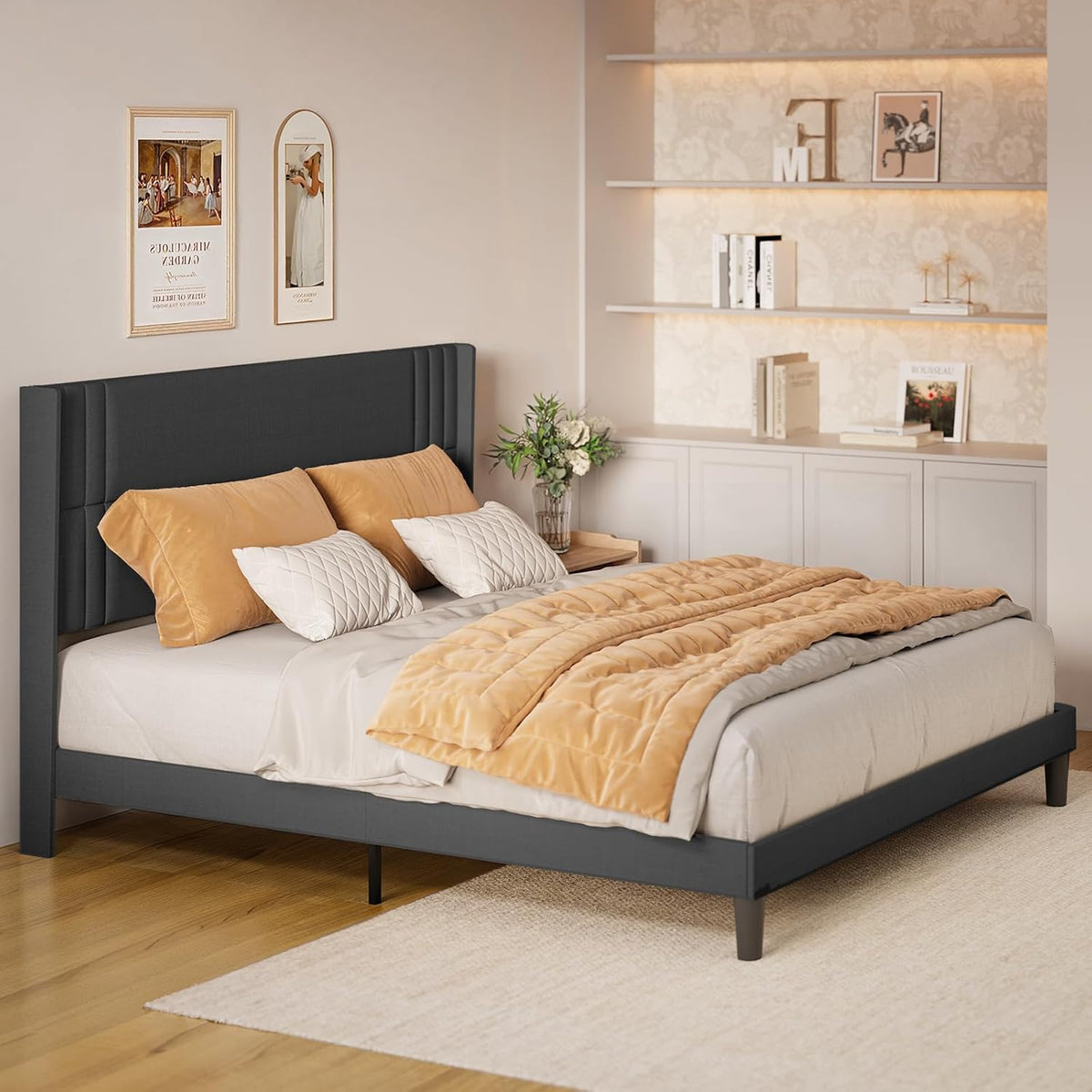 Gizoon King Bed Frame with Wingback Headboard, Upholstered Platform Bed with Modern Geometric Headboard, Wooden Slats, Noise-Free, No Box Spring Needed