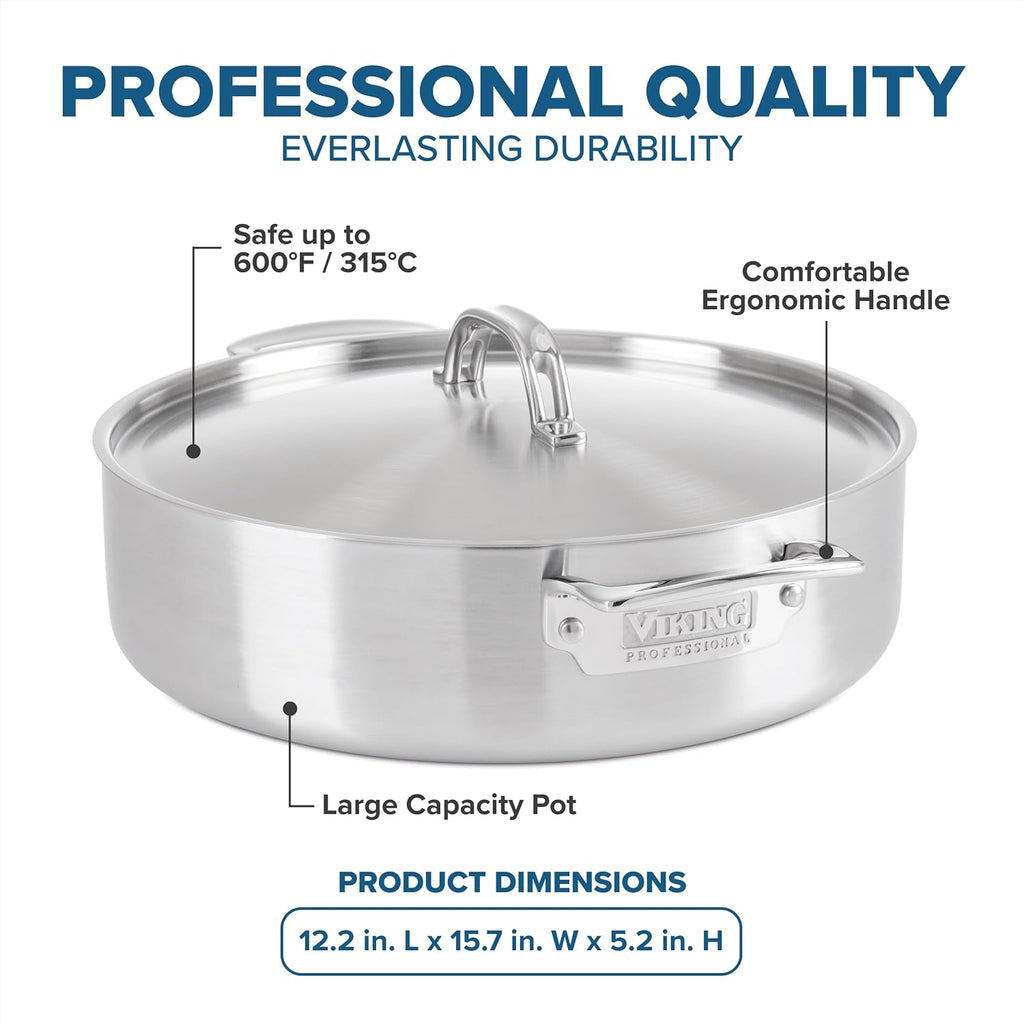 Viking 5-Ply Stainless Steel Casserole Pot with Lid, 6.4 Quart Cookware, Dishwasher and Oven Safe, Induction Ready, Satin Finish