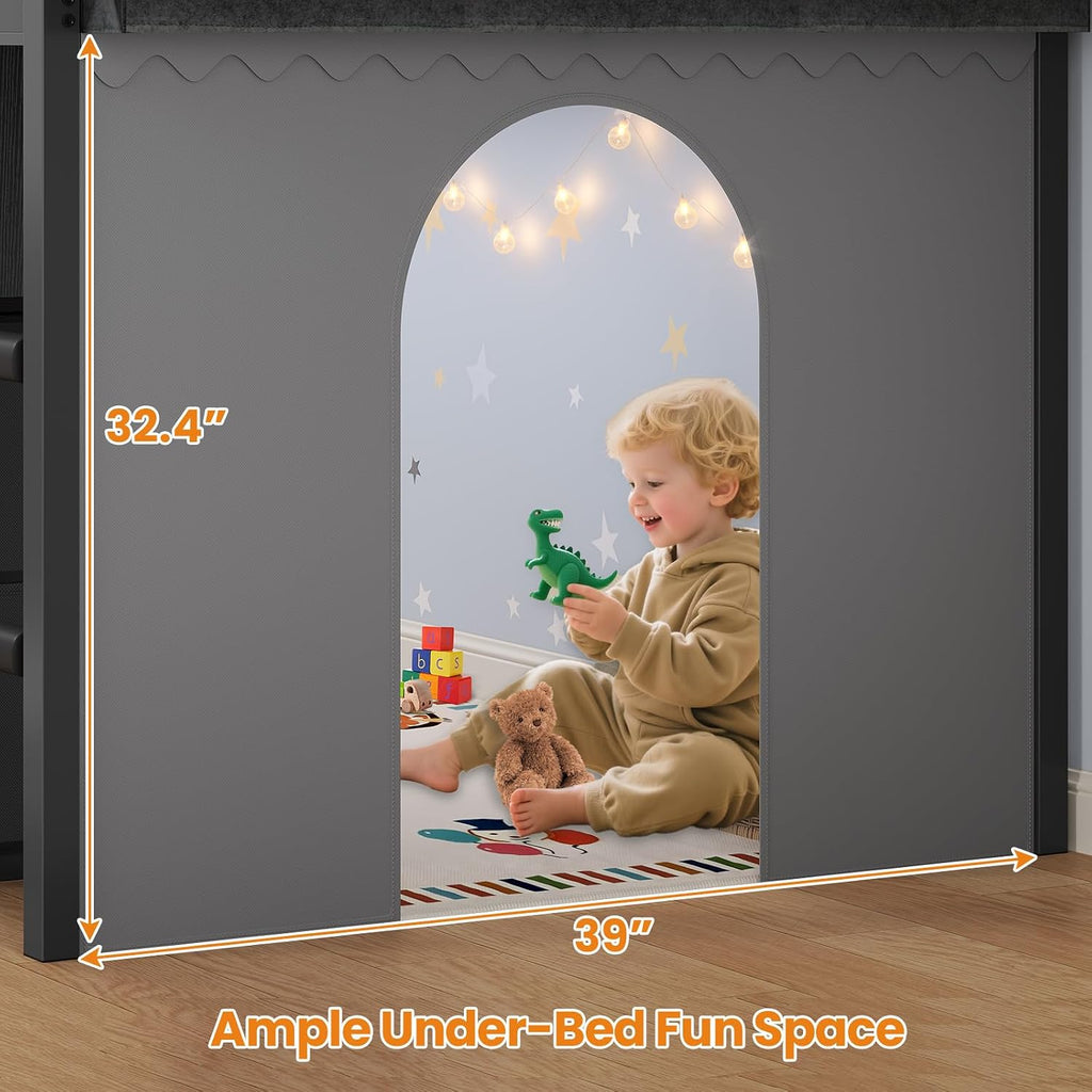 BTHFST Twin Size Loft Bed for Kids, 8 Storage Drawers & LED Lights, House Shaped Metal Bed with Bookcase, Soft Foam Ladder, 13.4' Safety Guardrail, Space Saving, Fun Curtain