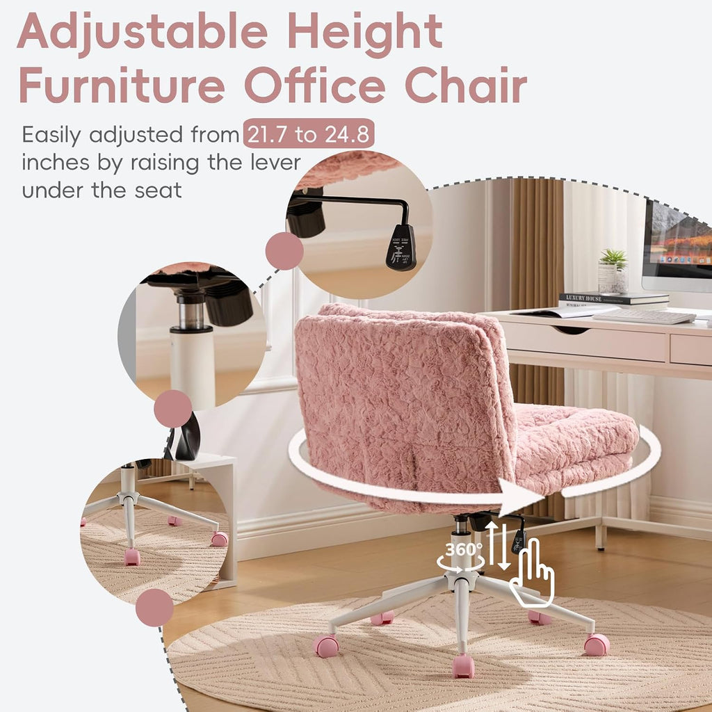 Upgraded Plush Faux Fur Criss Cross Office Vanity & Desk Chair with White Metal Base – Extra-Wide Seat & Tilt Backrest, Adjustable Swivel Makeup Chair for Bedroom, Study & Home Office, Pale Pink
