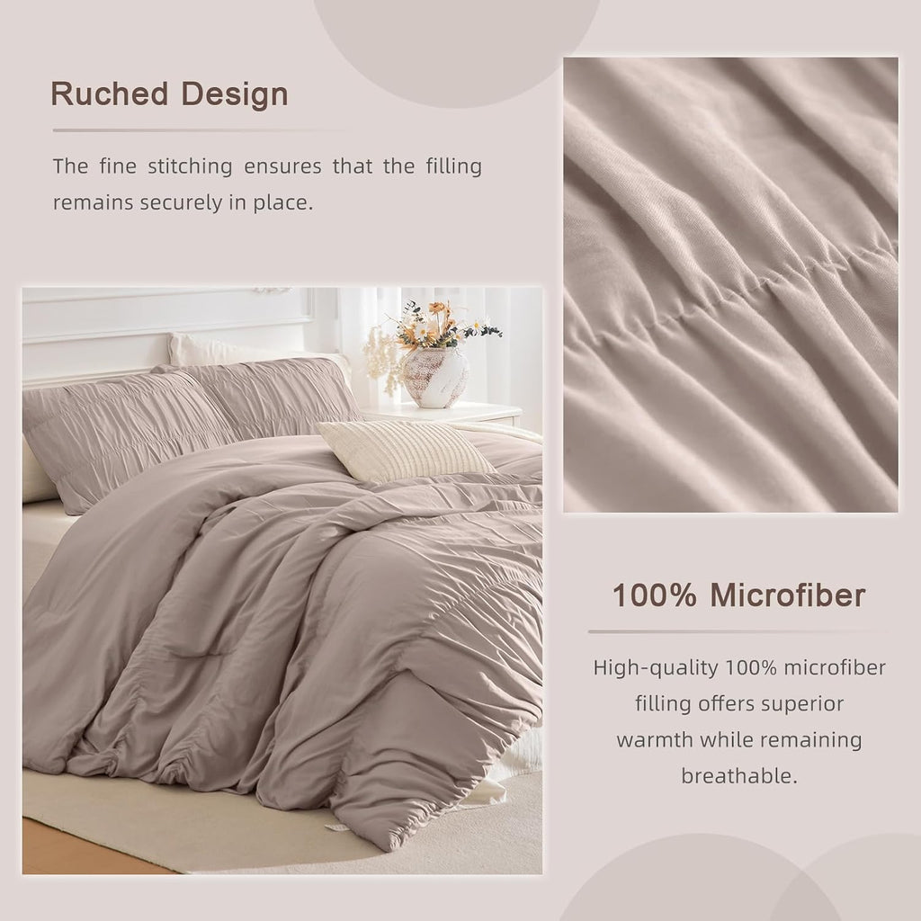 Masaca Oversized King Size Comforter 128x120,3 Pieces Vintage Taupe Ruched Bedding Comforter Set Lightweight Ultra Soft Shabby Boho Chic Bedding (1 Ruffle Comforter +2 Pillowcases)
