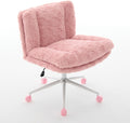 Upgraded Plush Faux Fur Criss Cross Office Vanity & Desk Chair with White Metal Base – Extra-Wide Seat & Tilt Backrest, Adjustable Swivel Makeup Chair for Bedroom, Study & Home Office, Pale Pink