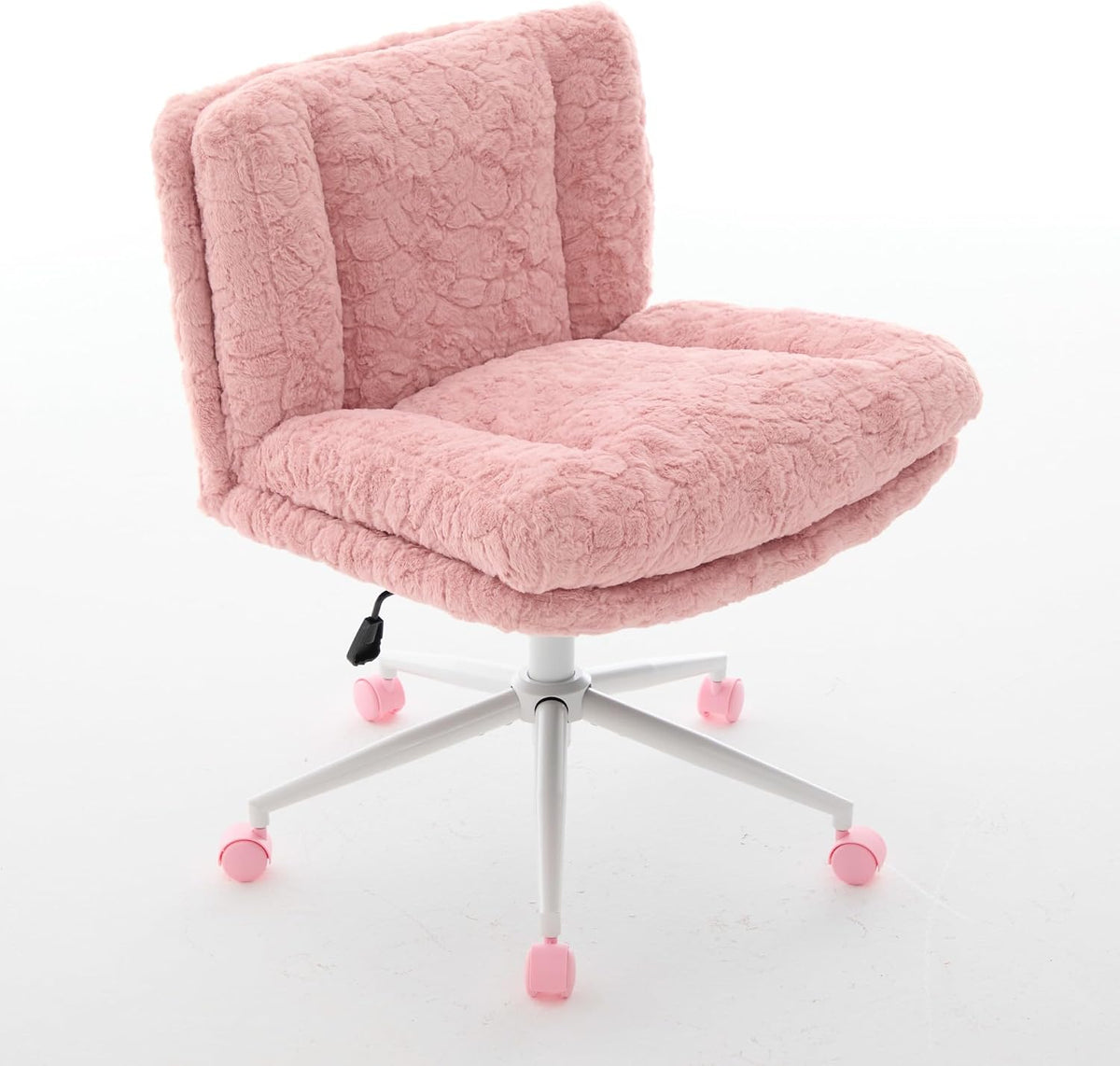Upgraded Plush Faux Fur Criss Cross Office Vanity & Desk Chair with White Metal Base – Extra-Wide Seat & Tilt Backrest, Adjustable Swivel Makeup Chair for Bedroom, Study & Home Office, Pale Pink