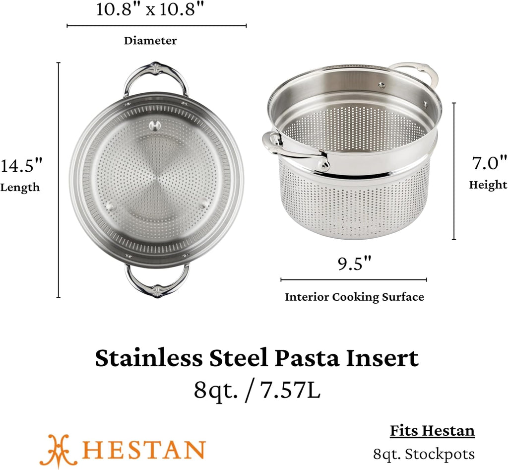Hestan Provisions 8-Quart Stainless Steel Pasta Insert and Steamer Basket - Fits 8 Qt Stock Pots, 18/10 Stainless Steel, Dishwasher Safe