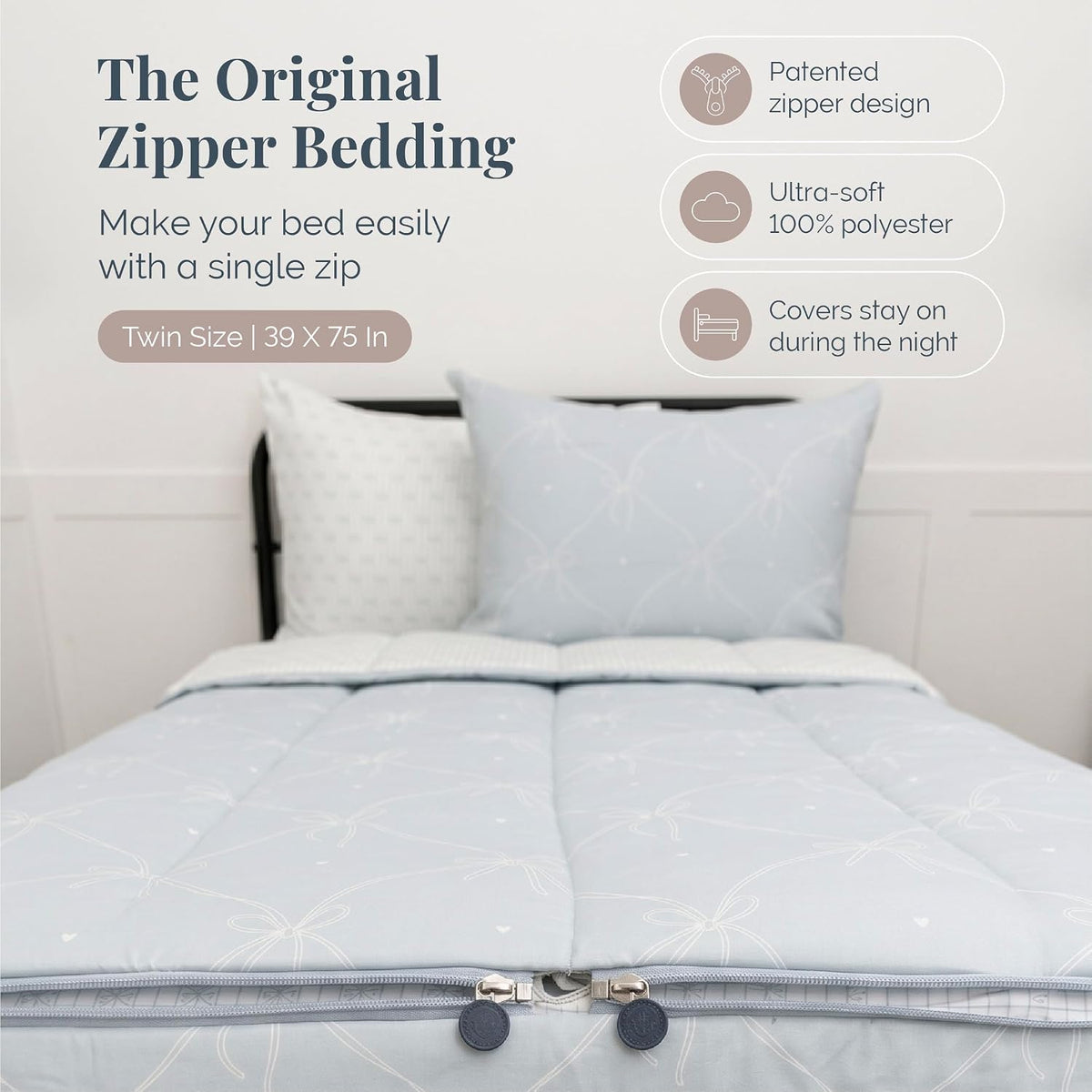 Beddy's Ribbon & Bow Theme Durable Zipper Bedding for Kids - Bed in a Bag - White Striped Sheets with Baby Blue Comforter - Includes Pillowcase & Sham - Twin