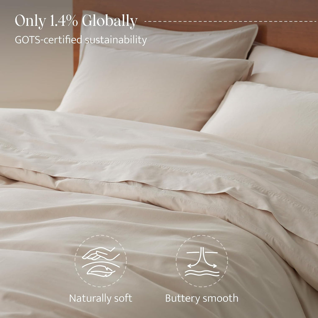 Double Stitch 100% GOTS Organic Cotton Duvet Cover, Washed Cotton King Size Duvet Covers Set, 300 TC Luxury Hotel Sateen Weave 3PCS Bedding Set, Soft Long Staple Cotton, Made in India, Warm Greige