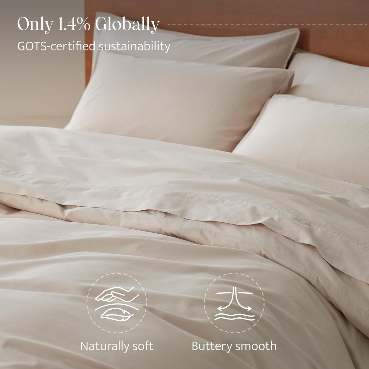 Double Stitch 100% GOTS Organic Cotton Duvet Cover, Washed Cotton King Size Duvet Covers Set, 300 TC Luxury Hotel Sateen Weave 3PCS Bedding Set, Soft Long Staple Cotton, Made in India, Warm Greige