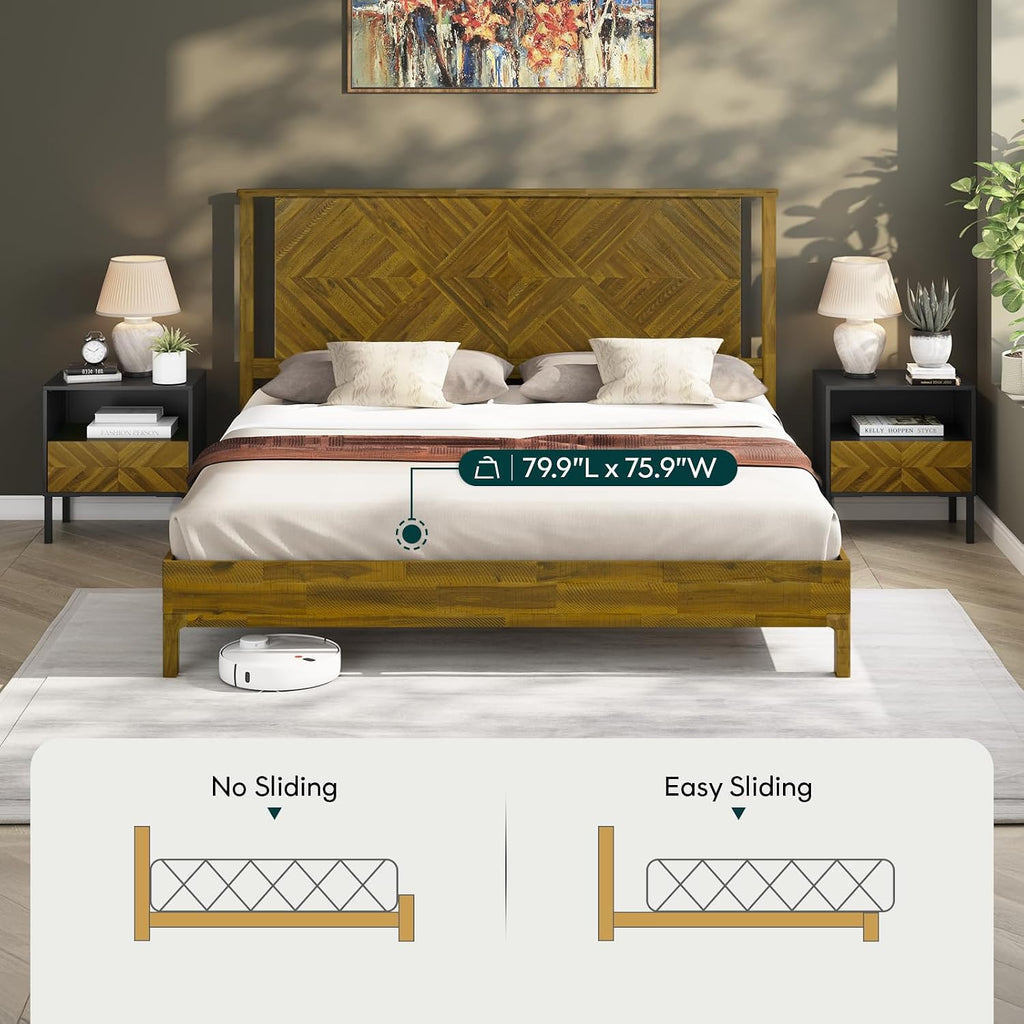 Bme Ethan Solid Wood King Bed Frame with Diamond Headboard - Rustic & Mid-century Modern - Acacia Wood Platform Bed - Compatible with All Mattresses - No Box Spring Needed - Rustic Brown