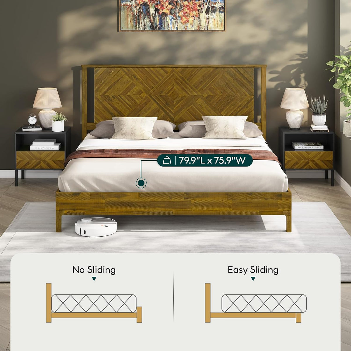 Bme Ethan Solid Wood King Bed Frame with Diamond Headboard - Rustic & Mid-century Modern - Acacia Wood Platform Bed - Compatible with All Mattresses - No Box Spring Needed - Rustic Brown
