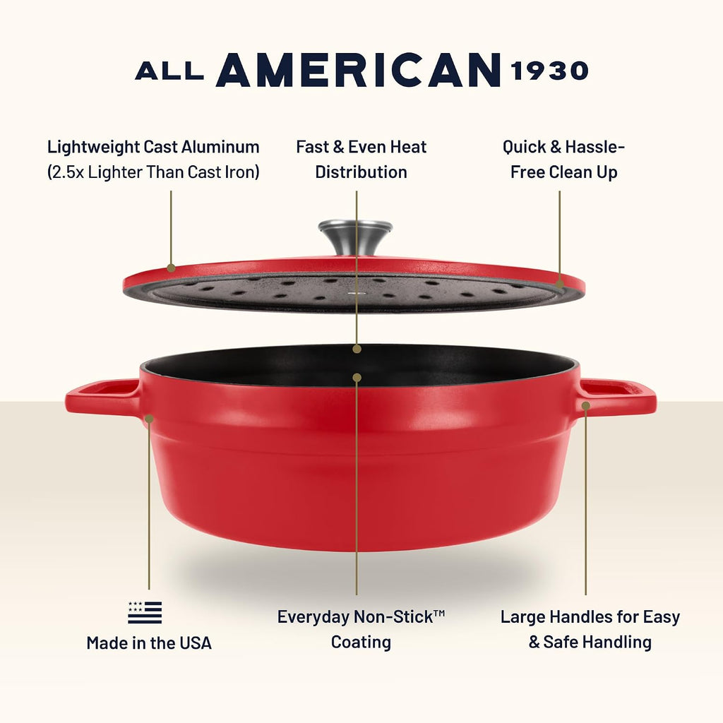 All American 1930 - Dutch Oven - The Saucier Set, Tomato Red - 5.5qt Capacity - Perfect for Sauces, Soups & Simmering - Non Stick & PFAS Free - Made in the USA
