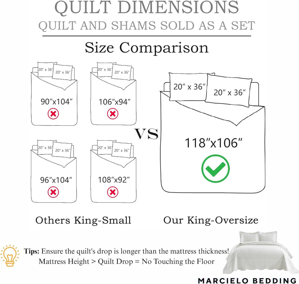 MarCielo 3-Piece 100% Cotton Oversized Bedspread Lightweight Quilt Coverlet Embroidery Farmhouse Bedding Set T0 (Bright White, Oversized King (118'x106'))