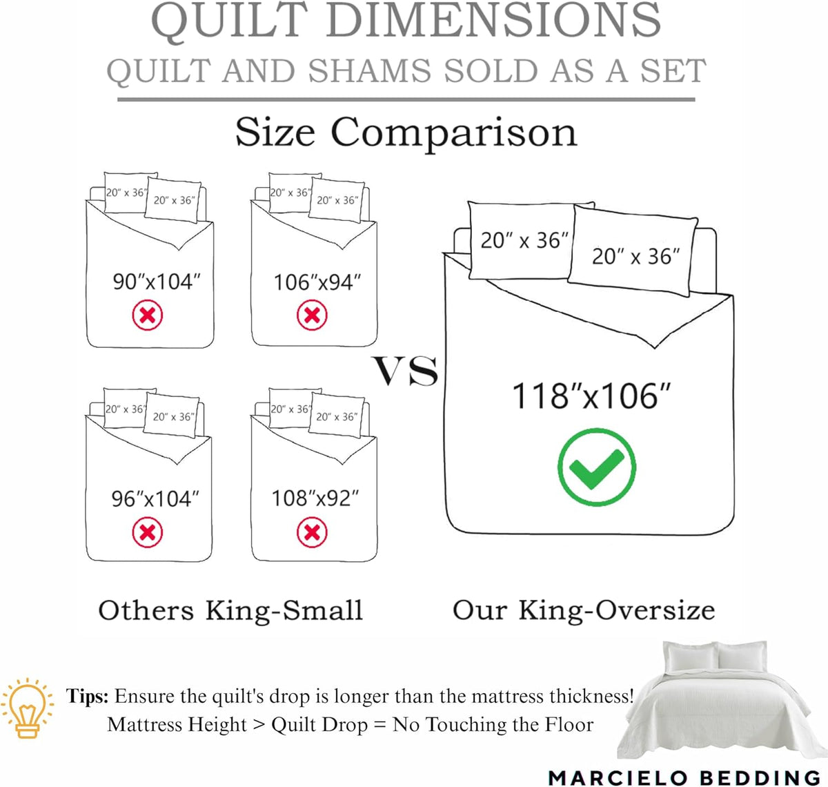 MarCielo 3-Piece 100% Cotton Oversized Bedspread Lightweight Quilt Coverlet Embroidery Farmhouse Bedding Set T0 (Bright White, Oversized King (118'x106'))