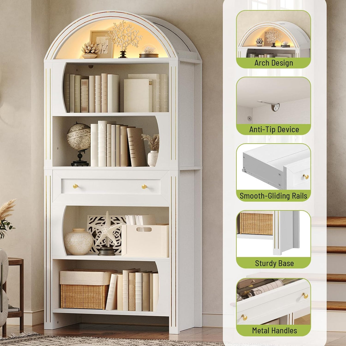 Arched Bookshelf, 70.3' Farmhouse Tall 6-Tier Book Shelf with Drawer, Wooden Bookcase with Open Shelves and LED Lights, Freestanding Display Storage Shelf for Living Room, Home Office, White
