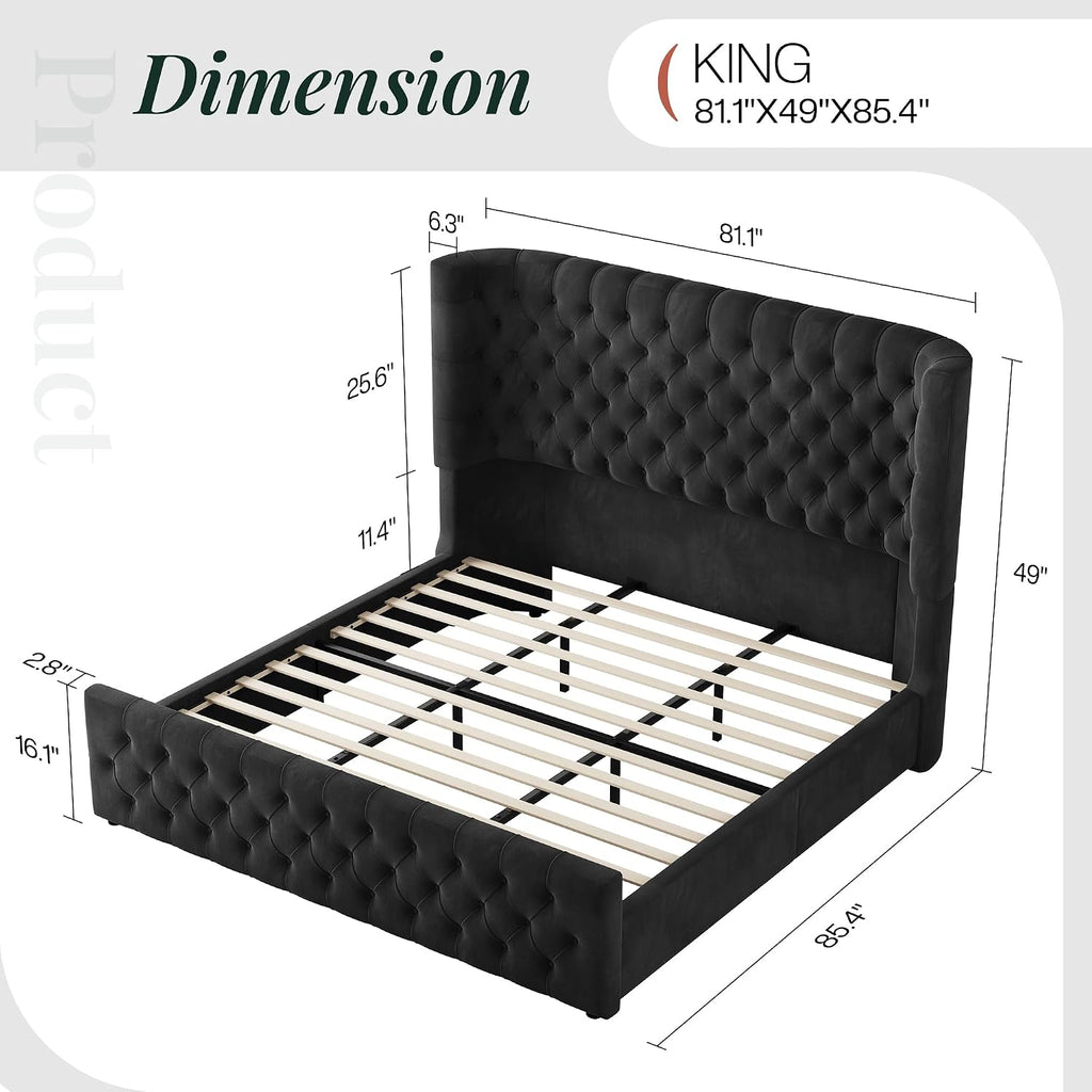 Jocisland King Size Platform Bed Frame, 6.3' Thick Upholstered Curved Wingback Deep Button Tufted Headboard and Footboard, No Box Spring Needed, Easy Assembly, Black Velvet