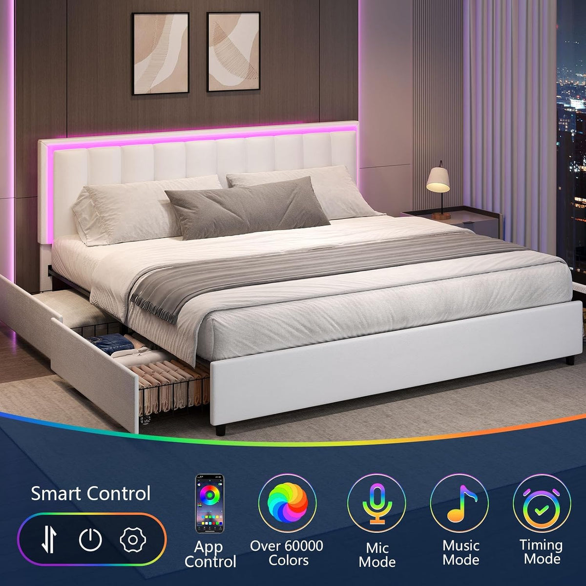 IMMERSTABLE King Size Bed Frame with 4 Drawers, Bed Frame King with LED Lights, Upholstered King Bed and Headboard, No Box Spring Needed, Noise-Free, Easy Assembly, White