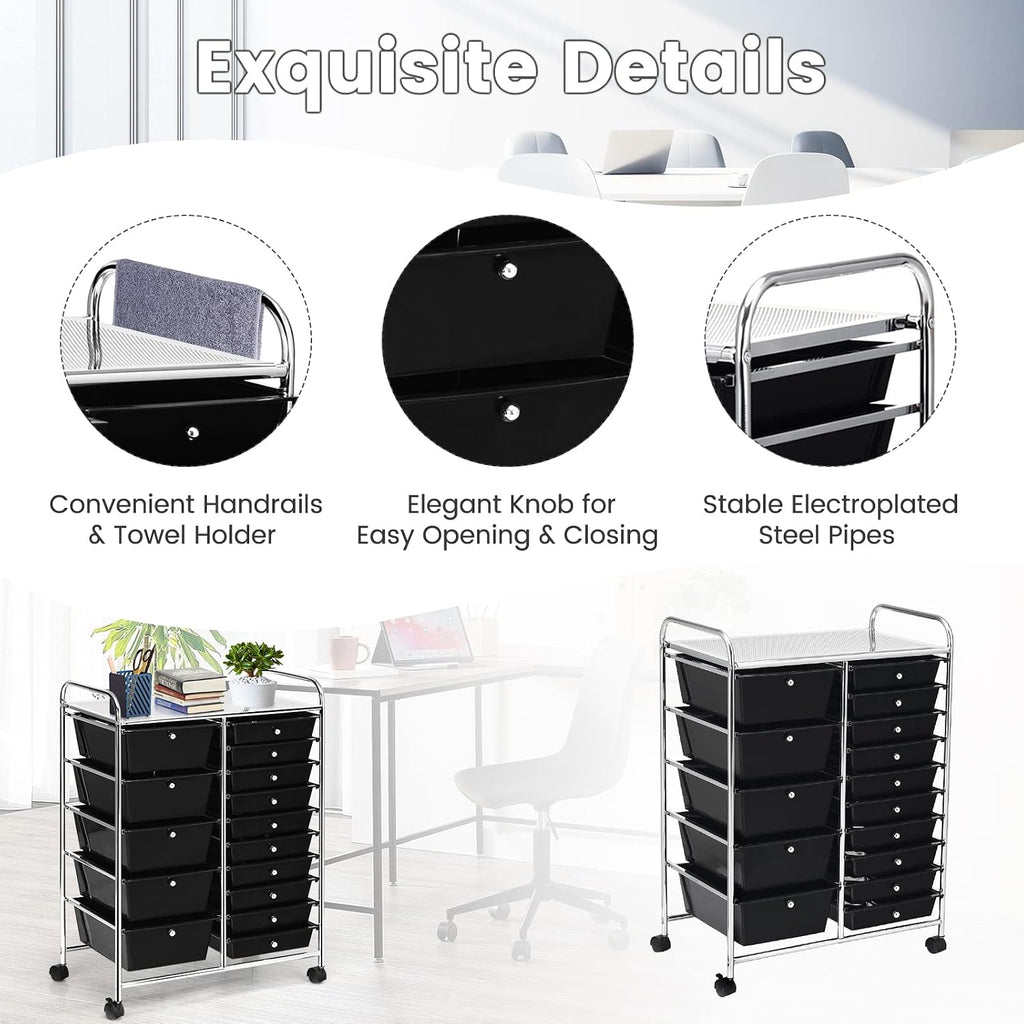 LUARANE Rolling Cart with 15 Drawers, Craft Storage Cart with Portable Handles & Lockable Wheels, Mobile Toys Organizer, Large Capacity Utility Drawer Cart Home Office School Teacher (Black)