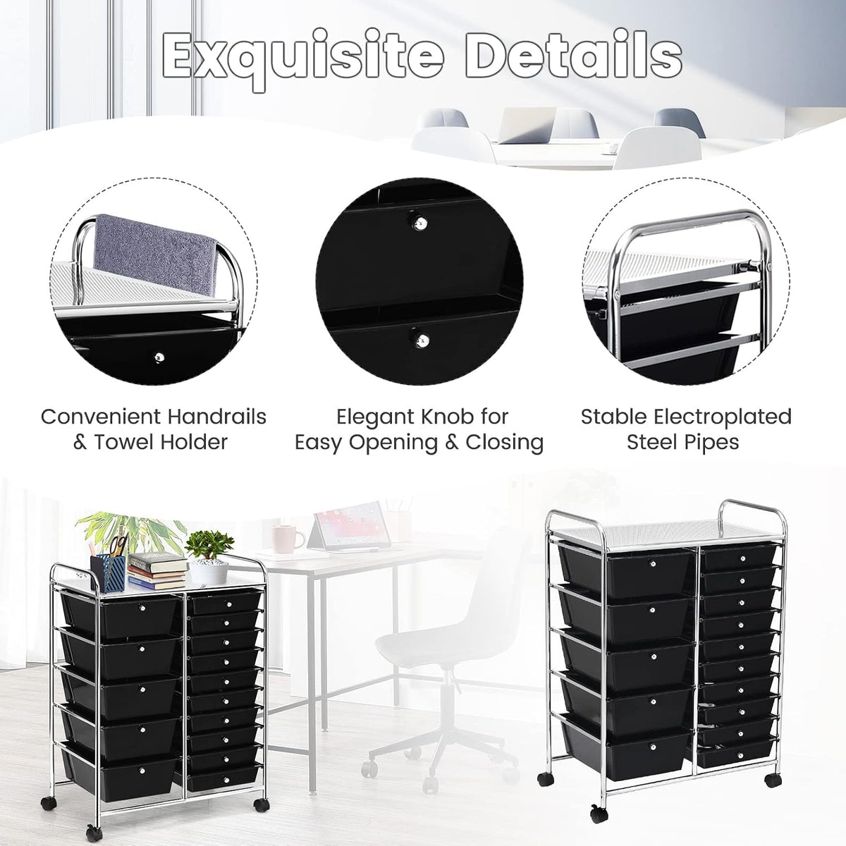 LUARANE Rolling Cart with 15 Drawers, Craft Storage Cart with Portable Handles & Lockable Wheels, Mobile Toys Organizer, Large Capacity Utility Drawer Cart Home Office School Teacher (Black)