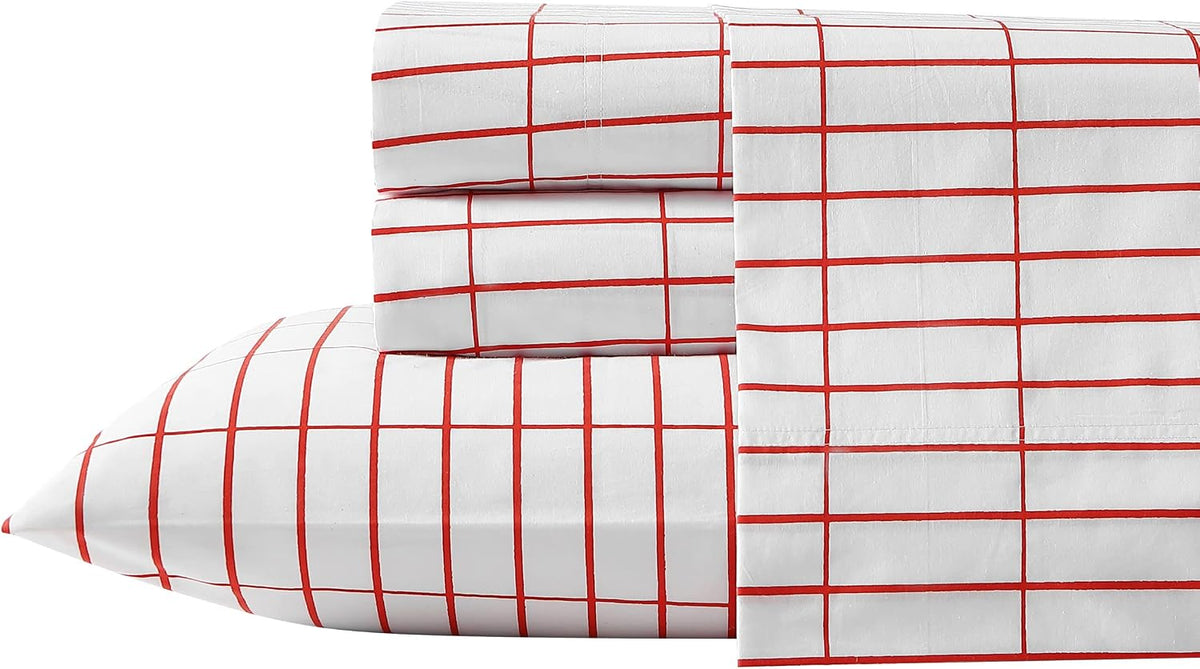 Marimekko- Full Sheet Set, Cotton Percale Bedding Set, Crisp & Cool, Lightweight & Breathable (Pieni Tiiliskivi Red, Full)