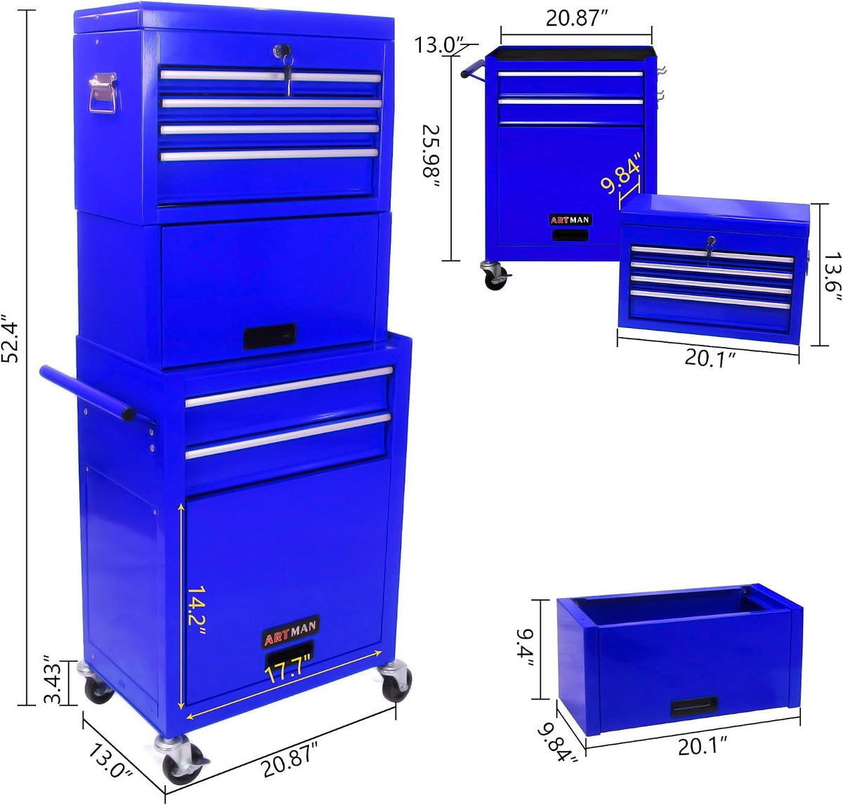 6-Drawer Tool Chest, 3-in-1 Rolling Tool Box with Detachable Top Toolbox & Key Lock,Tool Cabinet with Protective Liner & Universal Lockable Wheels,Metal Storage Cart for Garage,Workshop (Blue)