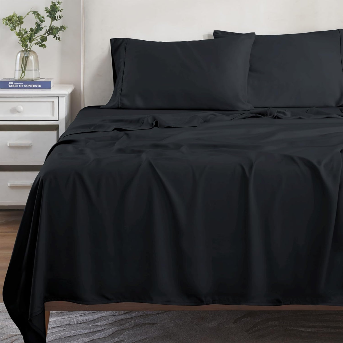 Superior Modal from Beechwood 300 Thread Bed Sheet Set, 1 Elastic Deep Pocket Fitted Sheet, 1 Flat Sheet, 1 Pillowcase, Soft Cool Sheets, Sateen Weave, Bedding Essentials, Twin XL, Black