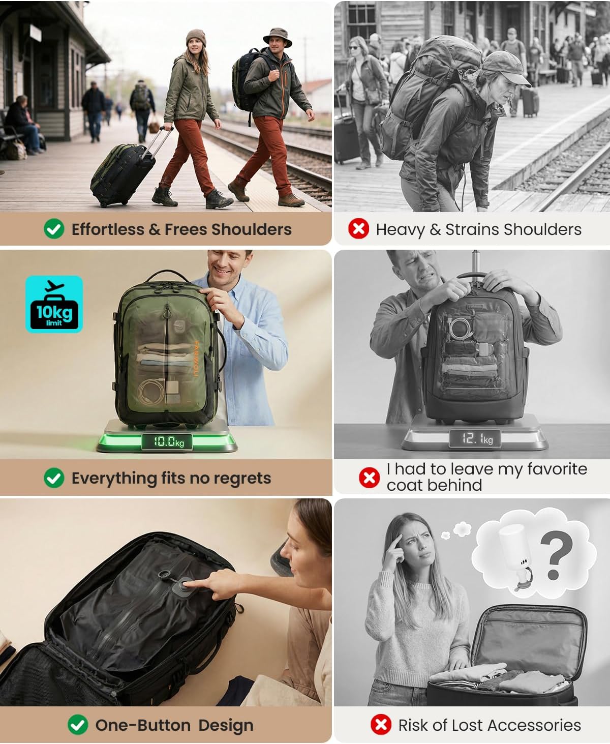 Fanwoli Rolling Vacuum Backpack Travel with One-Button Compression, 55L Expandable, Water Resistant Carry-On Suitcase Luggage, Ideal for Outdoor/Family/Trips