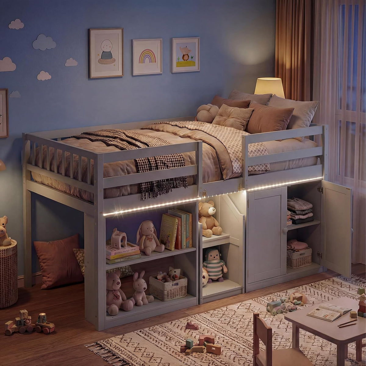 Giantex Low Loft Bed Twin Size with LED Lights, Wooden Bed Frame w/Stairs, Safety Guardrails, Storage Cabinet, Bookshelf & Under-Bed Play Space, Modern Kids Loft Bed for Boys Girls (Grey)