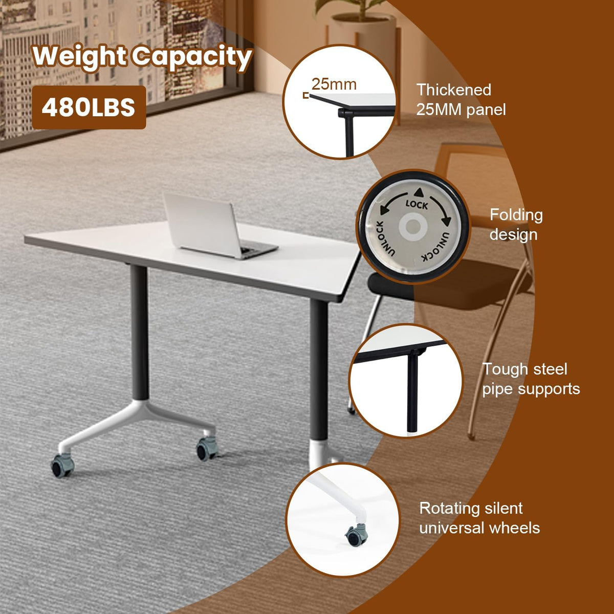 Modern Folding Office Conference Table,47.2in Flip-Top Stackable Training Room Tables,Space-Saving,6 Pack Mobile Conference Room Tables with Wheels,Modular Meeting Table for Classroom & Seminar Rooms
