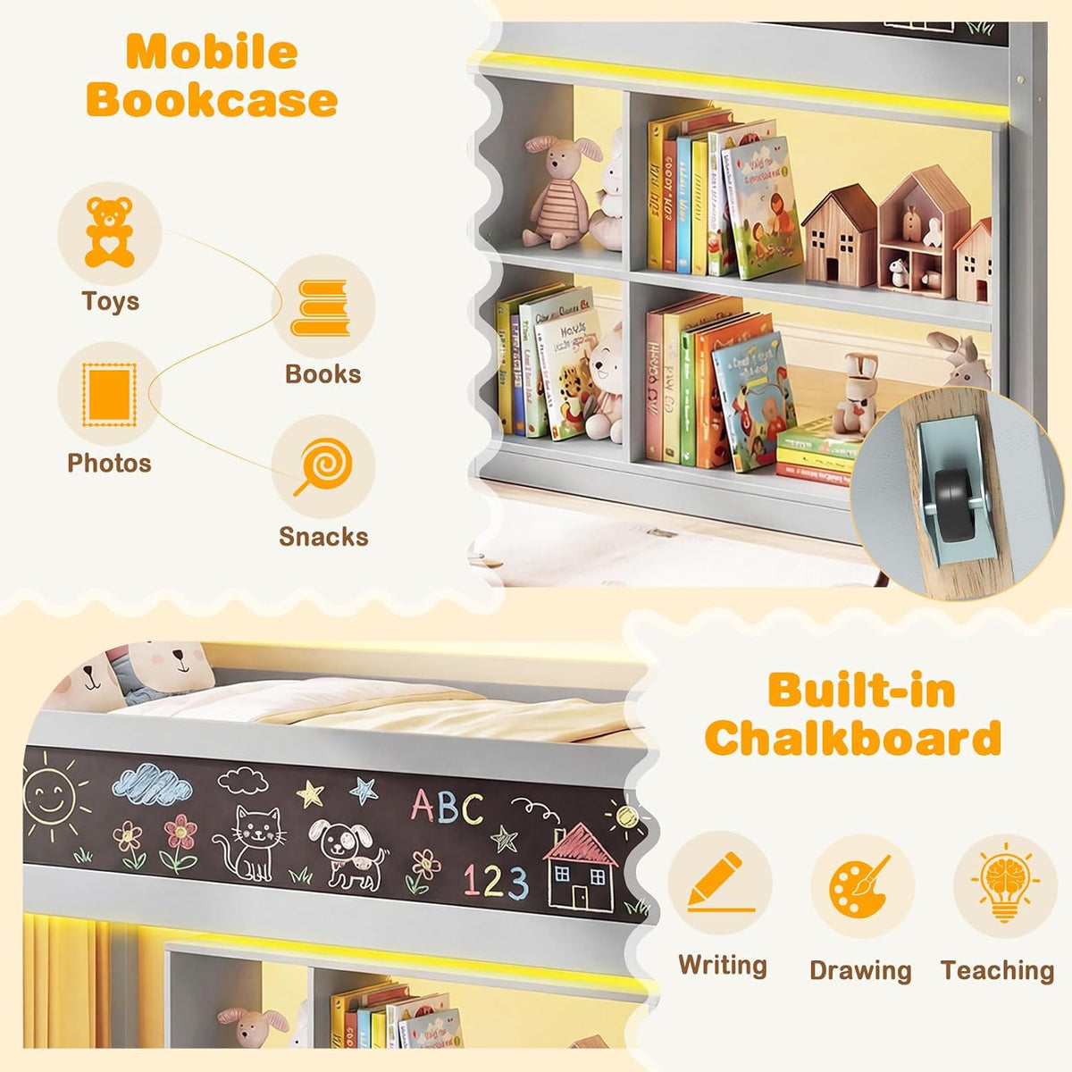 Giantex Low Loft Bed with LED Lights, Twin Size Bed Frames for Kids w/Chalkboard, Removable Bookcase & Under-Bed Storage Space, Wood Loft Beds with Stairs, Safety Guardrail for Girls Boys (Grey)