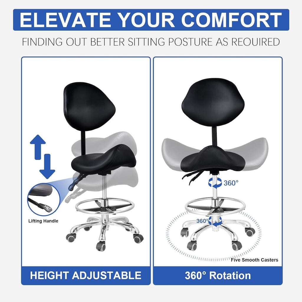 Upgraded Saddle Stool with Back Support, 400lbs Saddle Chair - Back Adjustable Salon Stool with Wheels and Footrest, Swivel, Widened Thick Seat Padding for Home Office Clinic Dentist(Black)