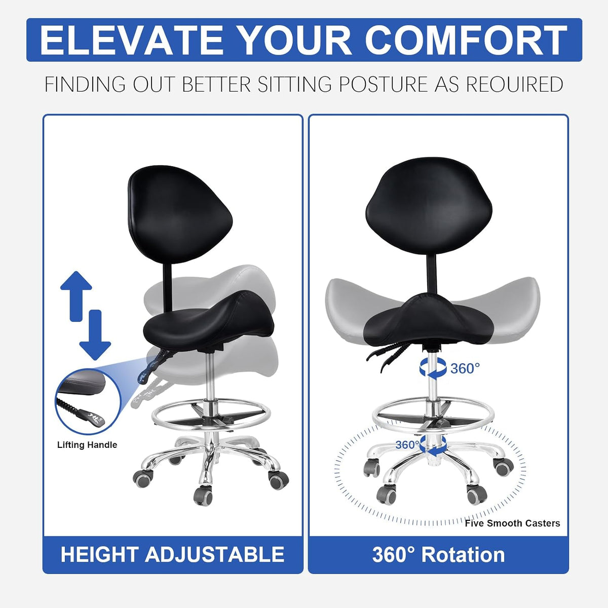 Upgraded Saddle Stool with Back Support, 400lbs Saddle Chair - Back Adjustable Salon Stool with Wheels and Footrest, Swivel, Widened Thick Seat Padding for Home Office Clinic Dentist(Black)