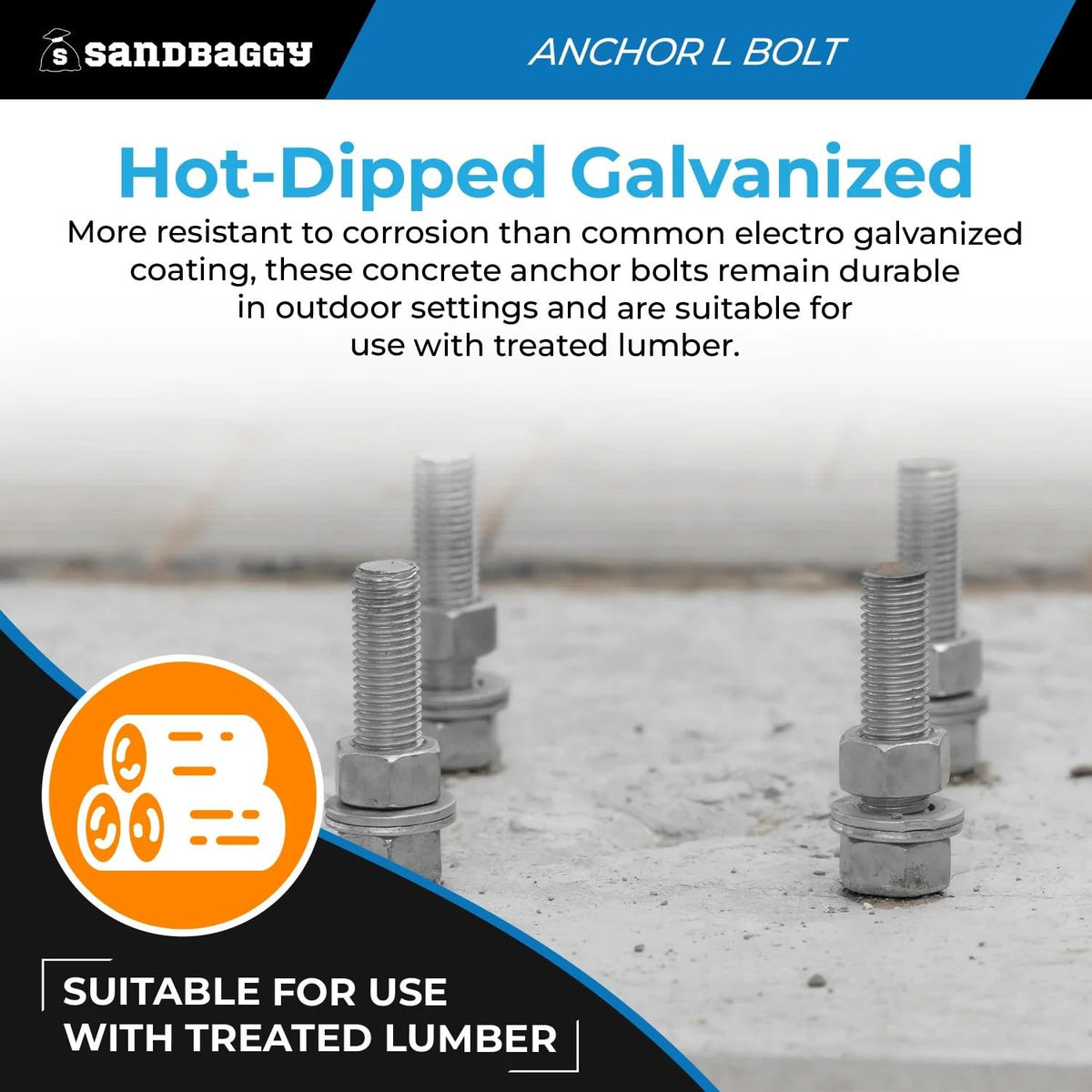 Sandbaggy 1/2' X 10' Threaded Concrete Anchor L-Bolts (Nuts & Washers Included) - Hot Dipped Galvanized - Sill Plate, Base Plate, Masonry, Wood, Cement Anchors, J Bolt (50, 1/2' x 10')