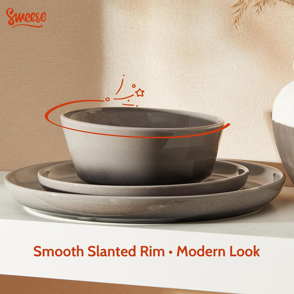 Sweese Porcelain Dinnerware Sets, Handpainted Plates and Bowls Set for 6, Scratch Resistant Dinner Set, Dishwasher and Oven Microwave Safe Dishes Set, Graphite Gray