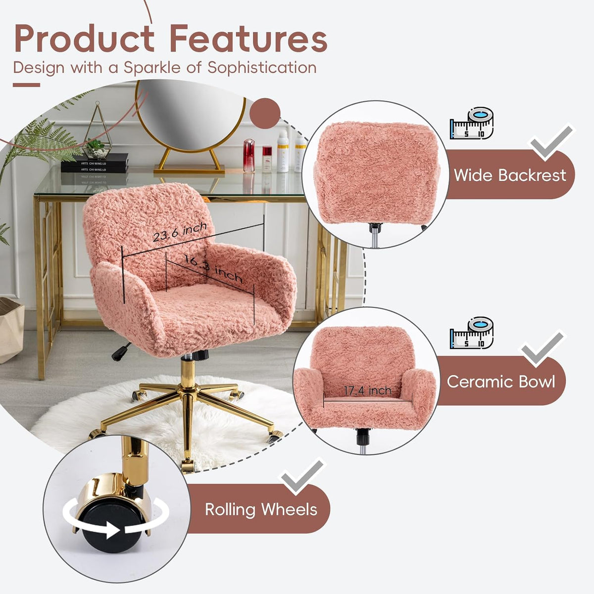 Plush Faux Fur Desk & Vanity Chair with Gold Base – Comfy Adjustable Girls Desk Chair, Makeup Chair, 360° Swivel, Tilt Backrest, Rolling Wheels – Modern Chic Home Office Seating,Pink