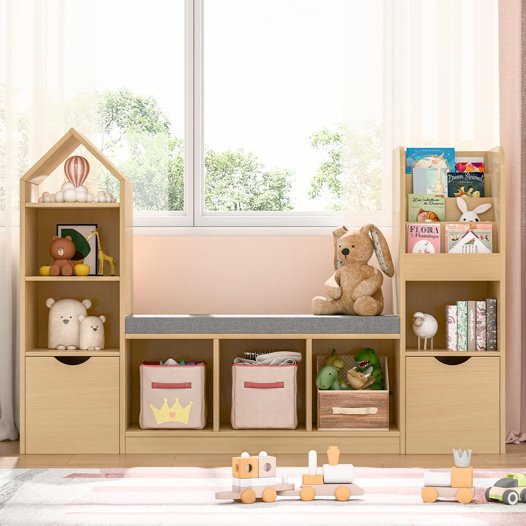 Befrases 55.12''Kids Bookshelf with Reading Nook, Toy Storage Organizer with Seat Cushion and 2 Movable Drawers, Kids Bookcase Toy Organizers with 7 Storage Cubbies, for Playroom, Bedroom, Oak
