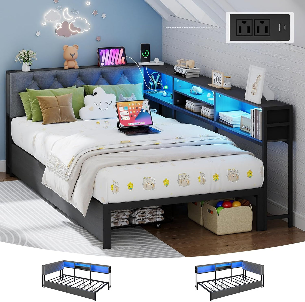 Doltoro Corner Bed Frame Twin XL with Storage Bookcase and Headboard, Platform Corner Bed with LED Lights and Charging Station, Twin XL Daybed with Storage Drawers for Kids Teens Guests, Dark Gray