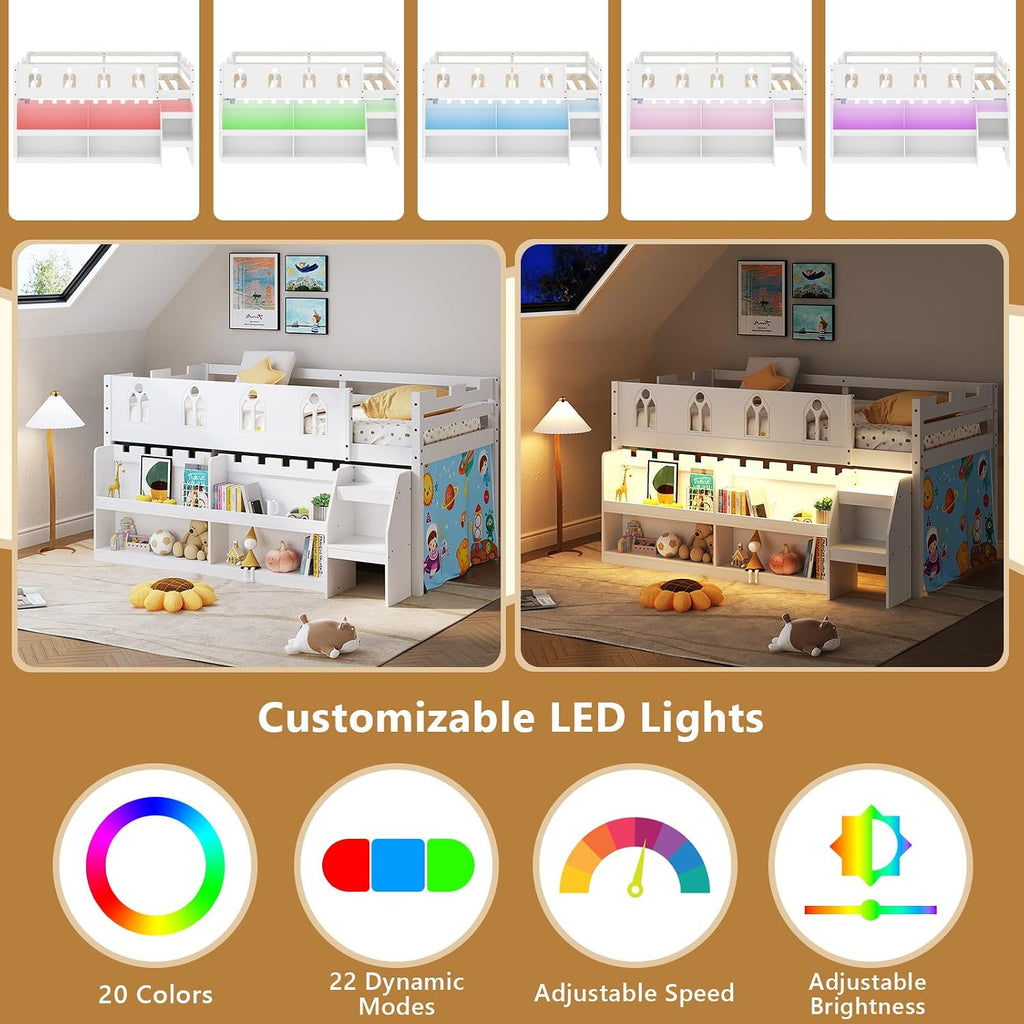 JOYMOR Low Loft Bed with LED Lights, Twin Loft Bed with Stairs, Safety Guardrail, Curtain, Wooden Bed Frame for Kids with Storage Bookcase and Under-Bed Play Space (White)