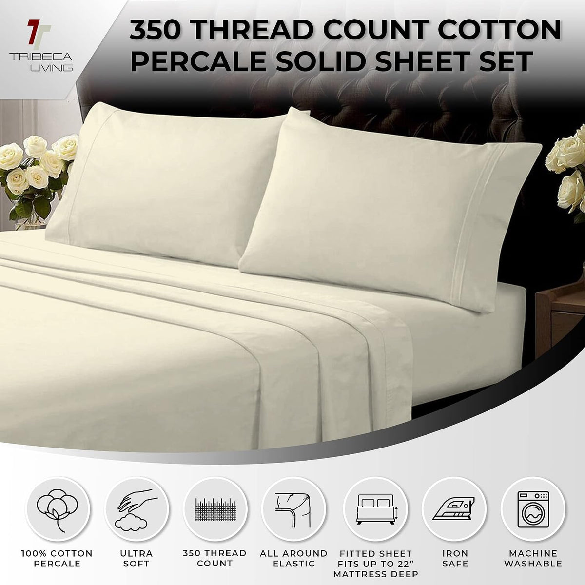 Tribeca Living Queen Bed Sheet Set, Crisp and Smooth Egyptian Cotton Percale Solid Sheets and Pillowcase Set, Extra Deep Pocket, 350 Thread Count, 4-Piece Luxury Bedding, Ivory
