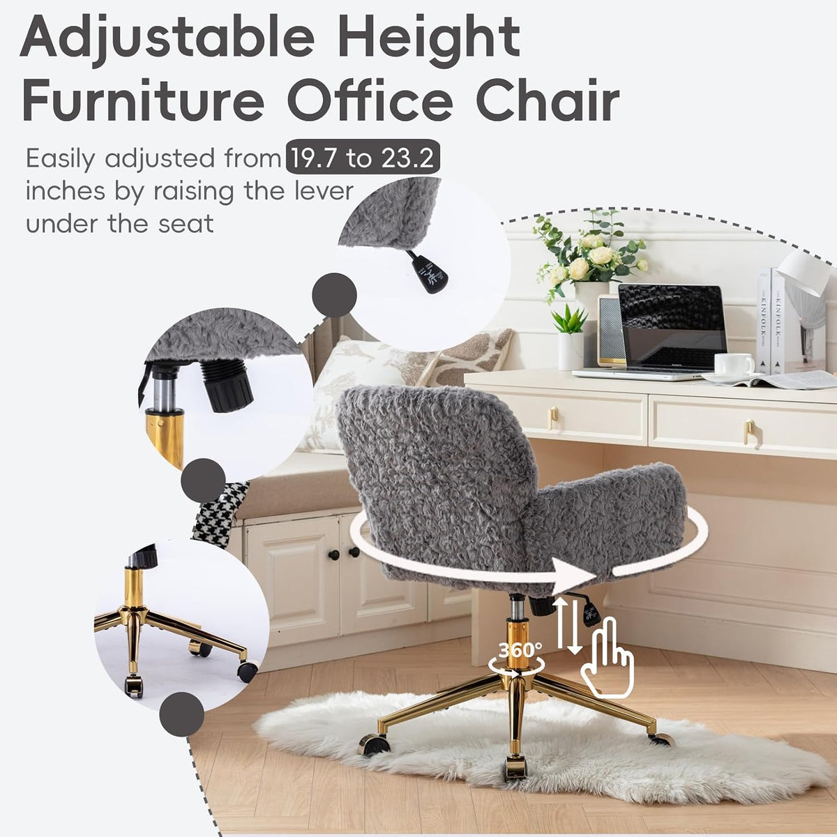 Plush Faux Fur Desk & Vanity Chair with Gold Base – Comfy Adjustable Girls Desk Chair, Makeup Chair, 360° Swivel, Tilt Backrest, Rolling Wheels – Modern Chic Home Office Seating,Grey