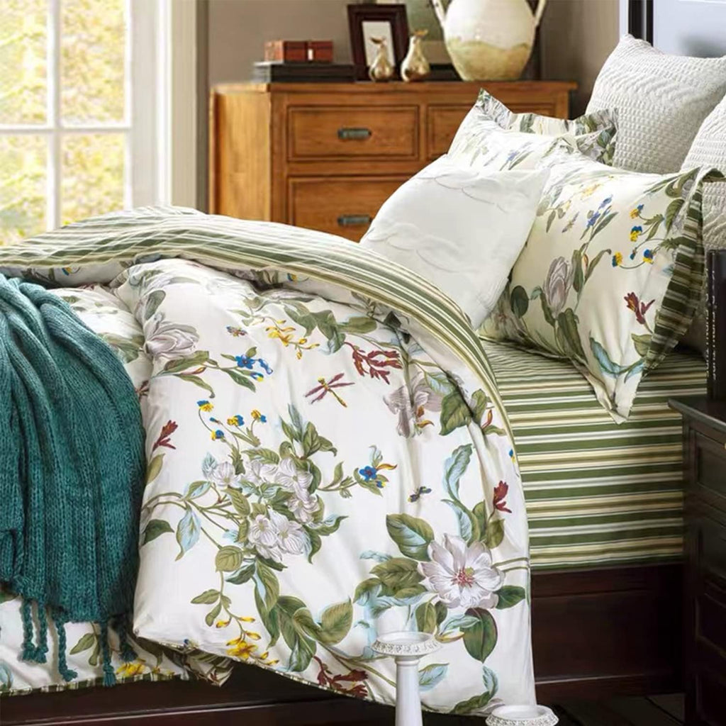 FADFAY Shabby Floral Bedding Set Queen Size 7Pcs 100% Cotton Green Cream Flower Bed Sheets with Duvet Cover Set, Complete Bedding Bed in a Bag Vintage Countryside Ultra Soft Deep Pocket Fitted Sheets